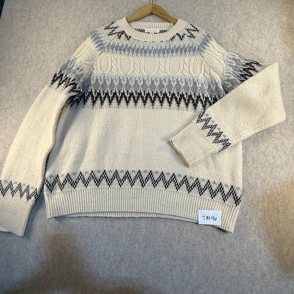 Andthewhy Fair Isle Cable Knit Sweater Cream‎ Grey Black Size M/L Oversized